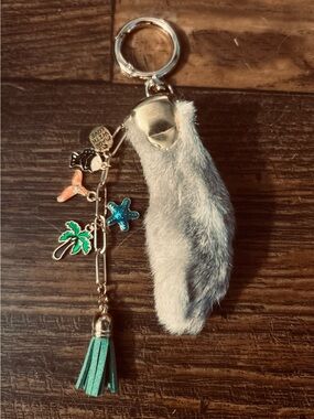 Rabbit Foot Tassel Keychain with Teal Charms